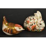 A Royal Crown Derby paperweight, Meadow Rabbit, gold stopper;  another, Derby Wren, gold stopper,