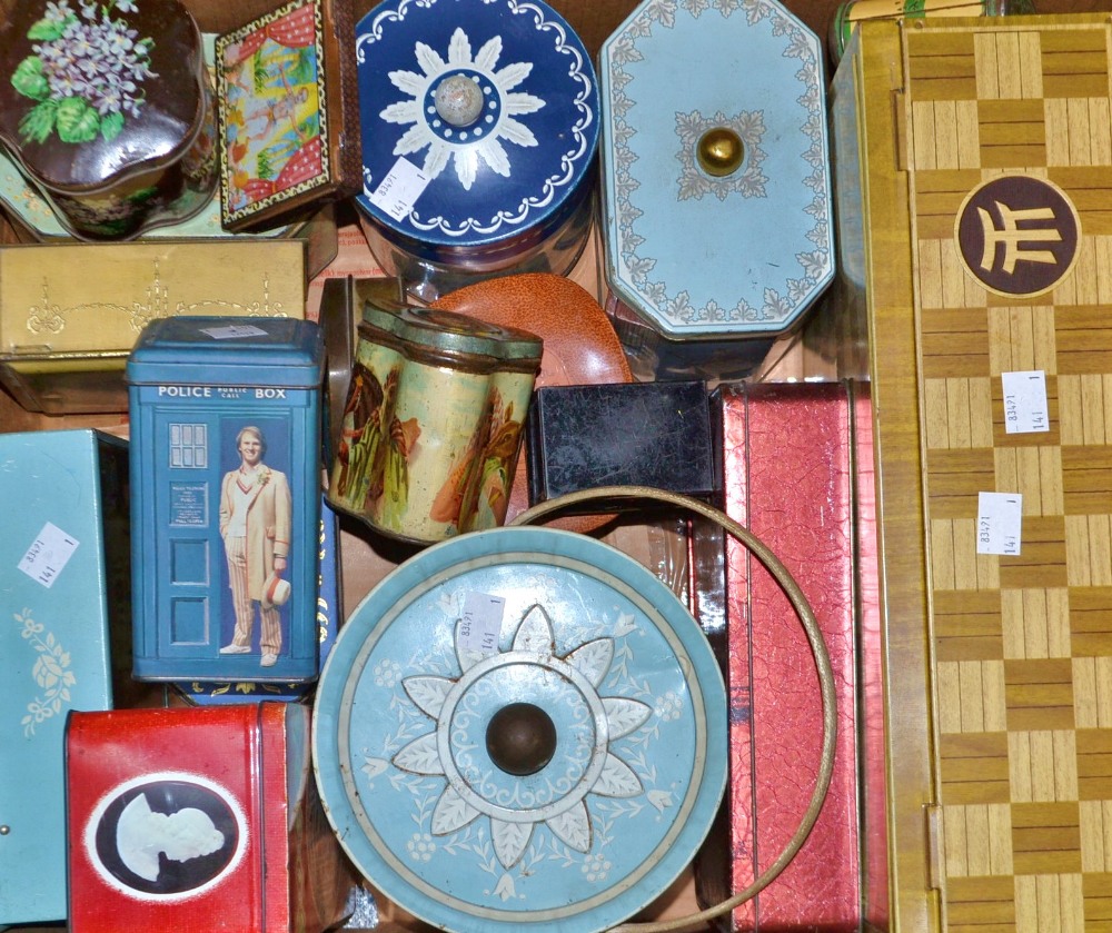 Tins- a circular tin with a swing handle decorated as though Wedgwood Jasperware;