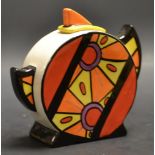 A Lorna Bailey miniature Art Deco style teapot, painted with geometric banding in shades of red,