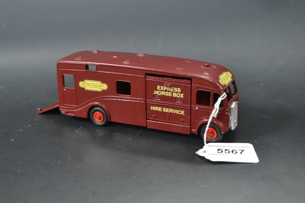 Dinky Toys 981 Horse Box, maroon body, red hubs, 'BRITISH RAILWAYS'  to front and sides,