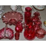 Cranberry Glass - a Victorian Jug,  a fruit bowl;  assorted later vases, jugs,