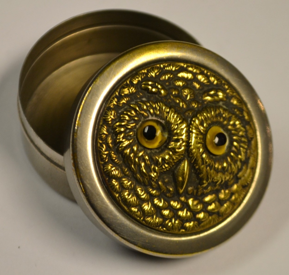 A Victorian patch box, as an owl head,