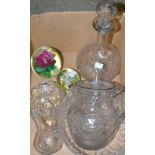 Paperweights and Glass - floral paperweights;  cut glass decanter;  etc.