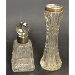 A cut glass scent bottle, silver mount; specimen vase,