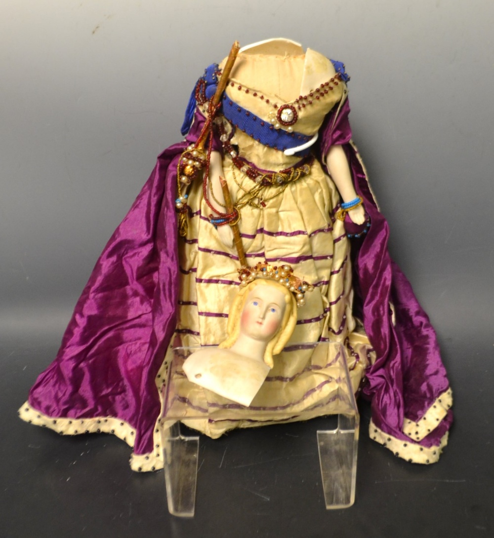 A 19th century Victorian coronation doll, robed with crown and sceptre,