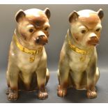 A pair of German continental porcelain models, seated pug dogs, gilt collars, 35cm high,