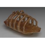 A Brampton Derbyshire brown salt glazed stoneware five bar toast rack, rustic branch divisions,