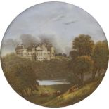 An English Porcelain circular plaque, painted with a stately home from parkland, 11cm diam, framed