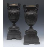 A pair of Grand Tour campana mantel urns, cast in bas relief figures of antiquity,