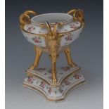A Derby pot pourri vase, with gilt ram's head mask and leg feet, incurved triangular base,