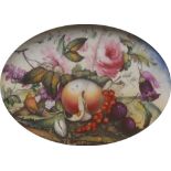 An English oval plaque, painted in the manner of  T Steele, with apple, cherries, shells,