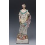 A Pratt ware figure of a classical maiden holding a floral garland,