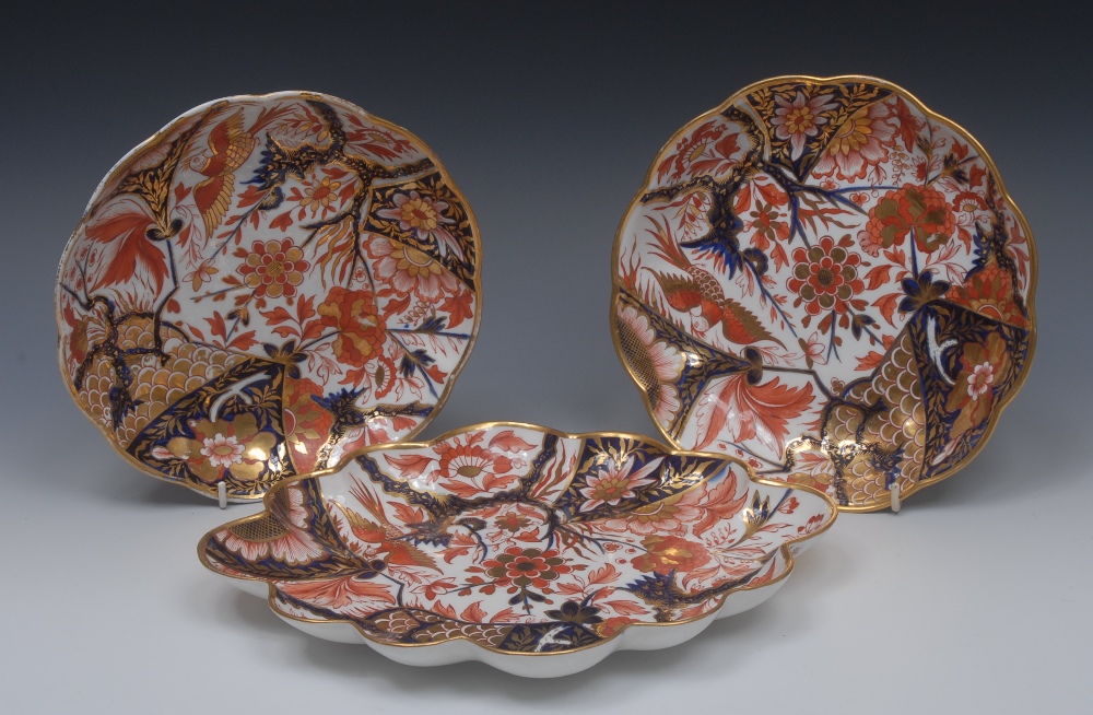 A pair of Derby shaped circular deep plates, pattern 16, decorated in he Imari palette, 21.