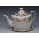 A Factory Z boat shaped teapot and stand, deep band with stylised flowers and gilt leaves,
