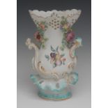 A Derby Patch Mark Frill vases, pierced flared neck, scroll handles,