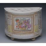 A Coalport demi-lune bough pot, painted with a gilt panel of colourful summer flowers in a basket,