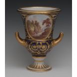 A Derby Named View two-handled slender campana shaped vase, painted wit oval cartouches with scenes,