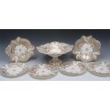 A Rockingham type part dessert service,  comprising large pedestal comport, two shaped oval dishes,