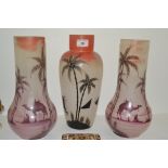 A trio of painted milk glass vases, each painted with Egyptian and Middle Eastern scenes, unmarked,