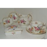 A Royal Crown Derby Posies pattern rectangular trinket box and cover; a milk jug; a cup and saucer;