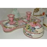 Ceramics - a Maling lustre dressing table set  comprising of a tray, powder bowl and cover,