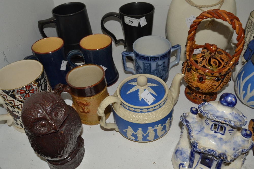 Ceramics - a Prinknash tankard, a Staffordshire cottage pastille burner, Denby commemorative mugs,