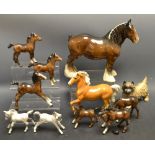 Beswick - a brown gloss cob; brown gloss and palomino foals; a dog and ball; etc,