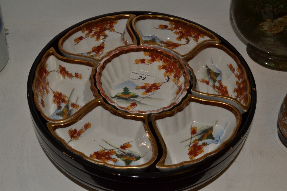 A Japanese Lazy Susan,  with seven bowls, each decorated with mountain and landscape,