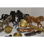 A pair of spelter Marley Horses, a brass fireside horse, a silver plated pin tray ,