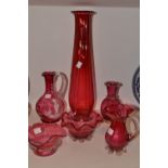 Cranberry Glass - a Mary Gregory cranberry glass ewer, typically decorated with boy and tree,