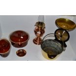 A copper oil lamp;  a brass jam pan;  a set of 5kg Salters Family scales; No.