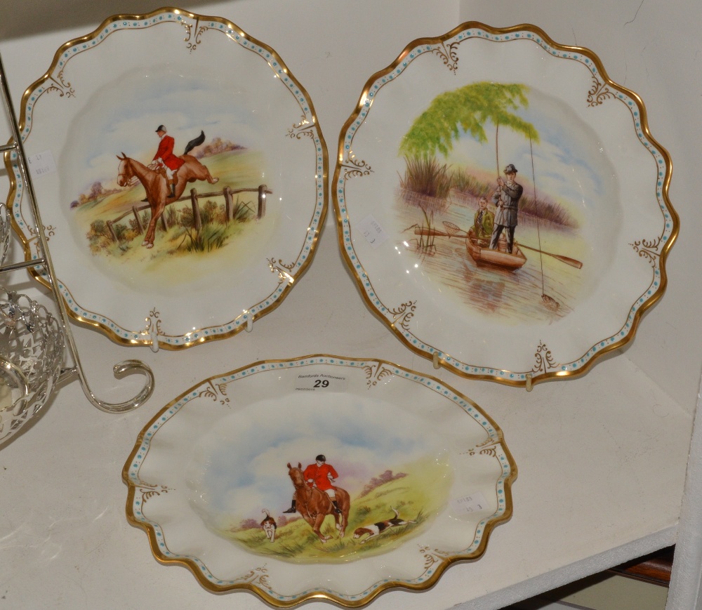 A pair of Royal Crown Derby Hunting wavy edge  dinner plates;  another, Fishing,