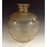A large Daum pale amber globular vase, acid cut with bands of weaving, signed Daun Nancy France,