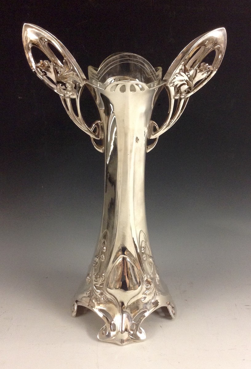 A WMF silver plate secessionist vase, with two winged handles,