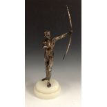 Continental School (20th century), an Art Deco silvered bronze, of a scantily clad archer,