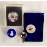 A glass paperweight millefiori button by John Gooderham, boxed;  another,