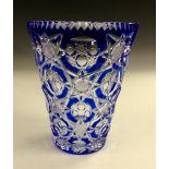 A Val St Lambert blue flash cut tapering cylindrical vase, clear glass cased in blue, 19.