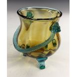 A Stourbridge sage green glass vase, applied blue rope handle, lion terminals in blue glass,