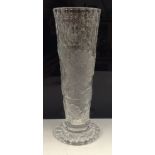 A Webb's clear glass spreading cylindrical vase, battuto cut ground with cameo flowers,