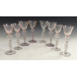 A set of four Art Deco Czechoslovakian cocktail glasses, flared pink bowls,