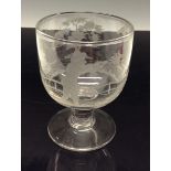 A 19th century glass rummer, wheel engraved with a hunting scene, spreading circular foot,