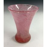 A Monart style spreading cylindrical glass vase, mottled pink and white glass cased in clear,