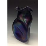 A Kralik blue oil spot iridescent glass vase, with dimple knocked sides, flared undulating rim,