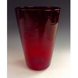 A large Whitefriars ruby wave-ribbed tumbler vase, pattern number 8473, 25cm high, c.