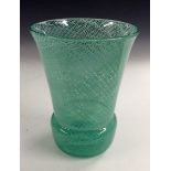 An Art Deco glass thistle shaped vase, cased mint green tressillated pattern, 25.5cm high, c.