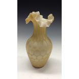 A Stourbridge lemon yellow satin glass baluster vase, crimpled rim, air trapped decoration, c.