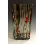 A Cenedse Murano glass cuboid vase, with green and red stripes, white and red circular inclusions,