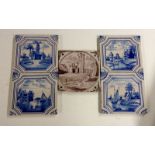 Tile - an 18th century Delft tile, painted in magnesium with figure by a watch tower, 12.