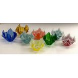 A harlequin set of eight Chance glass handkerchief bowls, including the patterns Bandel, Cordon,