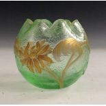 A Mont Joye uranium green glass posy vase, decorated in gilt with flowers, marked Mont Joye to base,